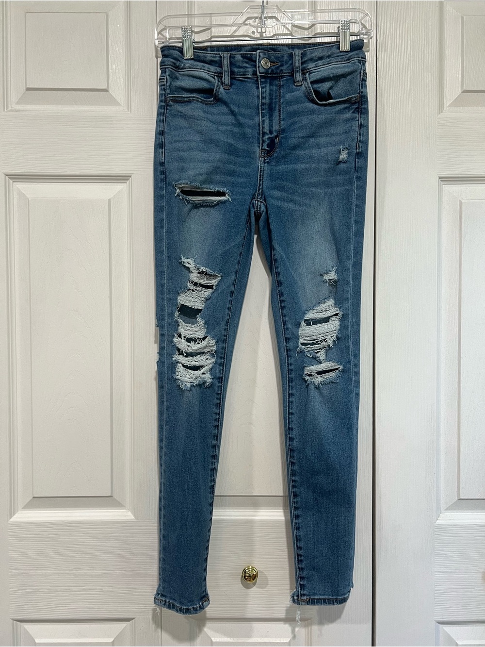 🤎 American Eagle Super Hi-Rise Jegging Blue Distressed Denim Jeans (01077)